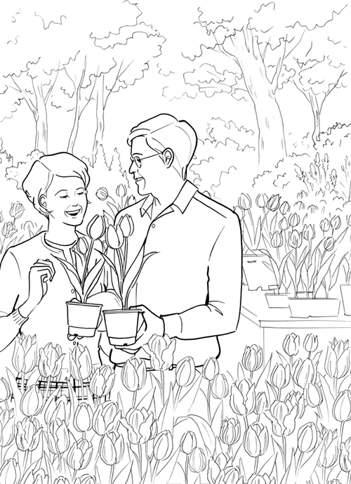 植物を観賞する年配の夫婦のイラスト