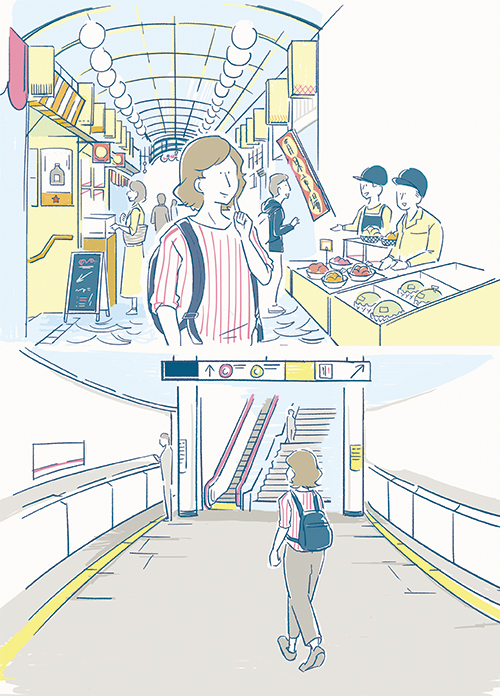 商店街と地下鉄のイラスト