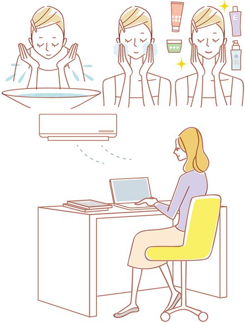 洗顔の方法のイラストとオフィスの女性社員のイラスト