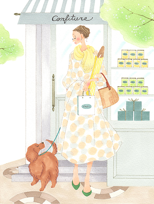 犬の散歩しながら、ウィンドウショッピングをしている女性のイラスト