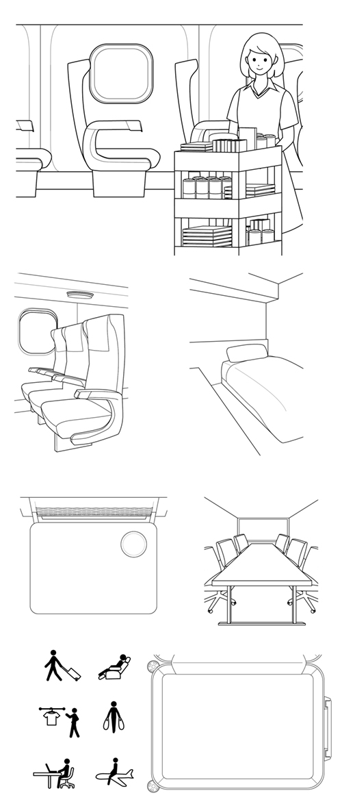 電車、飛行機、カバンの中、ホテルの部屋のイラスト