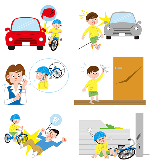 車の事故、自転車と人の衝突などを描いたイラスト