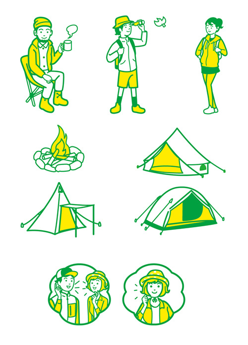 キャンプをする人やテントのイラスト