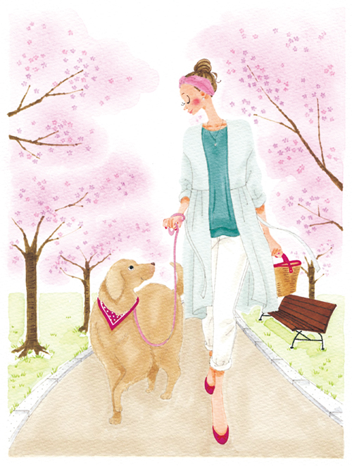 桜の下を散歩する女性と犬のイラスト