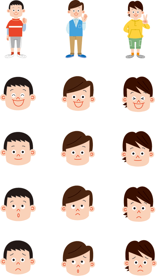 小学生の男の子と顔の表情別イラスト