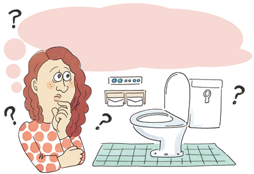 トイレの使い方を考えている女性のイラスト