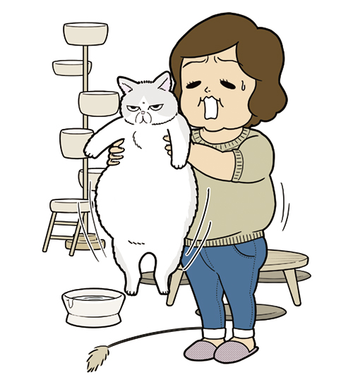 太った猫を抱く女性のイラスト