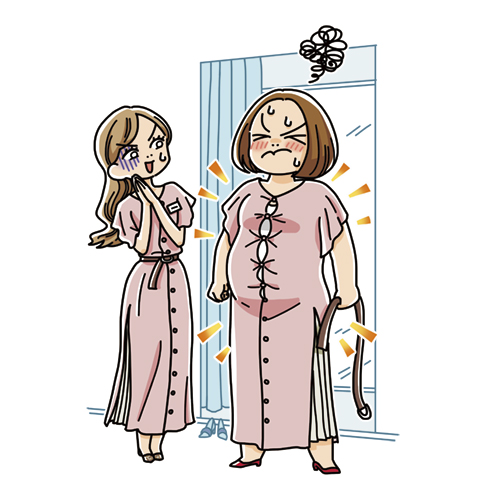 試着した服のサイズがギリギリで困っている女性のイラスト