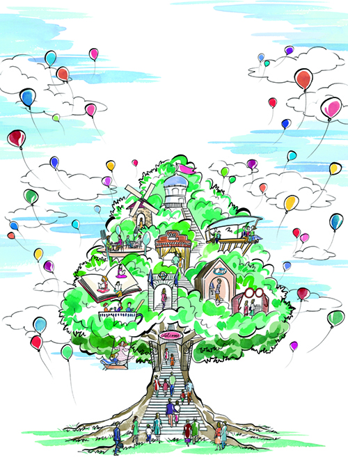 巨大な木と風船のイラスト
