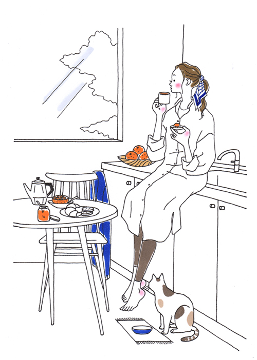 部屋でコーヒーを飲む女性のイラスト