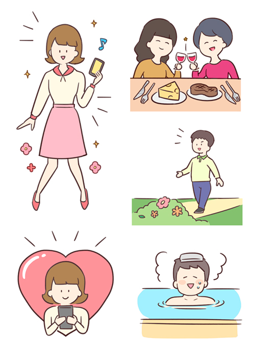 食事している女性、お風呂にはいったり歩く男性のイラスト