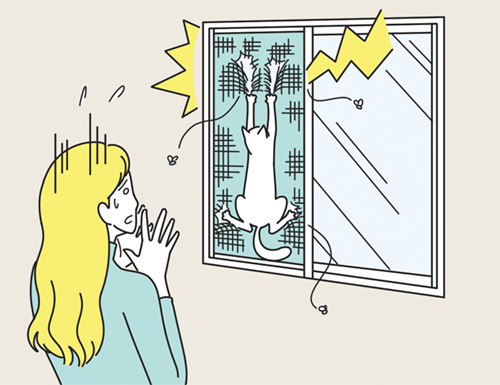 網戸をやぶる猫に困る女性のイラスト