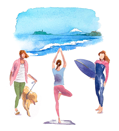 犬の散歩、ヨガ、サーフィンをする女性と海のイラスト