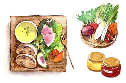 オーガニック野菜を使った料理のイラスト