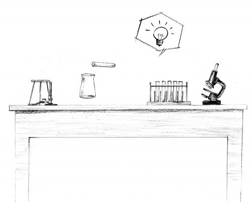 実験器具と机のイラスト