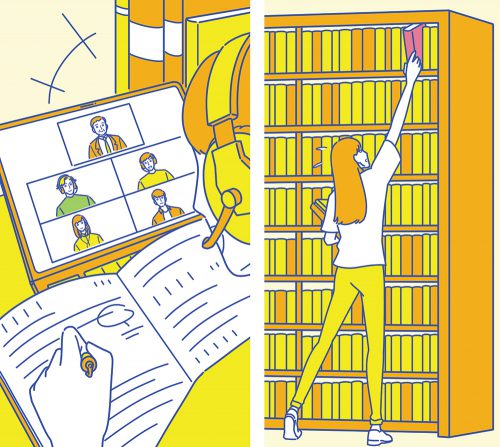 リモート授業や図書館で本を探すシーンのイラスト