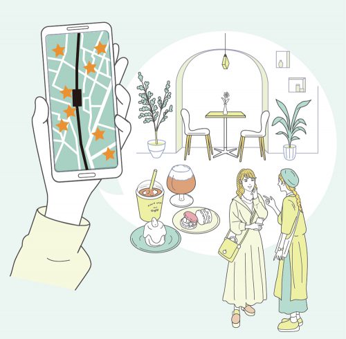 女性とスマホとカフェのイラスト