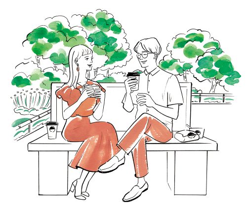 公園で食事するDINKS夫婦のイラスト