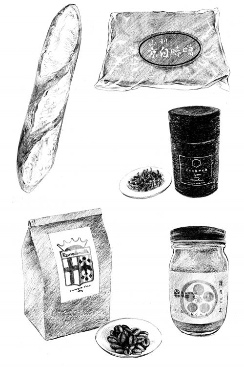 お茶やフランスパンの線画イラスト