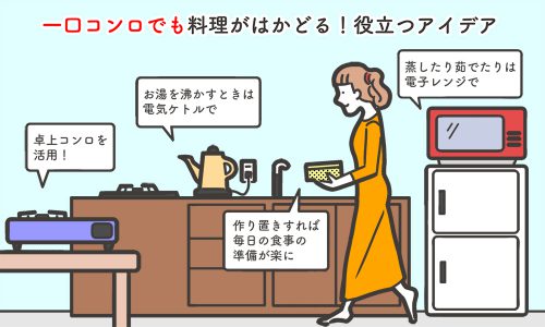 キッチンで料理をする女性のイラスト