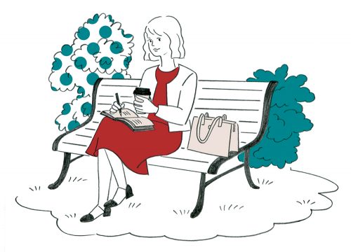 ベンチに座るシンプル線画の女性イラスト