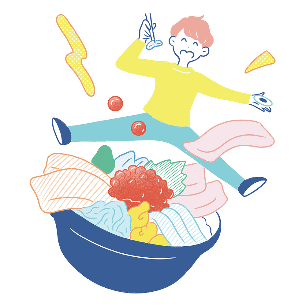 丼ぶりと若者のポップなイラスト