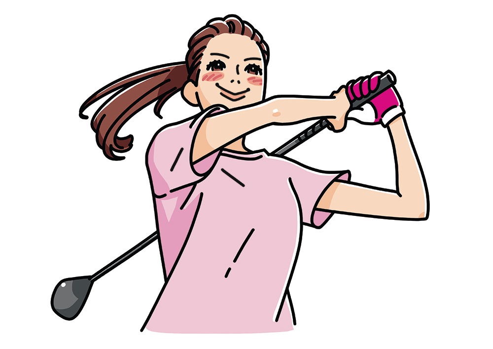 ゴルフでスイングしている女性のイラスト