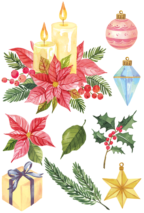 クリスマスの水彩イラスト、ポインセチア、ヒイラギ、キャンドルとオーナメント